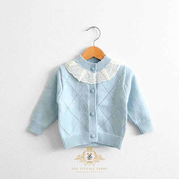 NWT Lovely Girls Knitted Two-piece Cardigan Sweater & Pants Lace Collar 12-18M - Picture 2 of 6